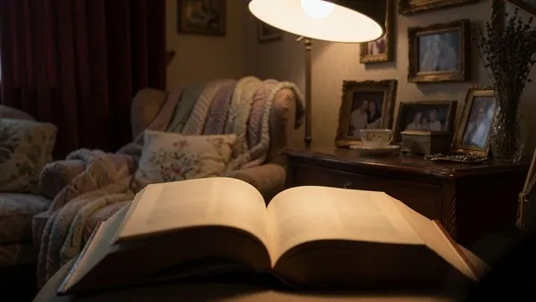 An open book on a side table under the warm pool of a reading lamp in a dim room
