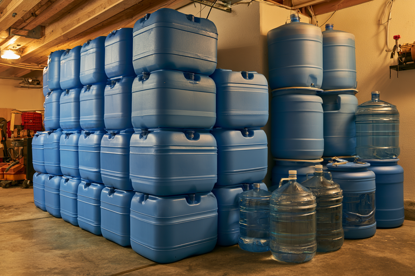 Blue stackable water storage containers and water jugs organized in a garage for emergency preparedness