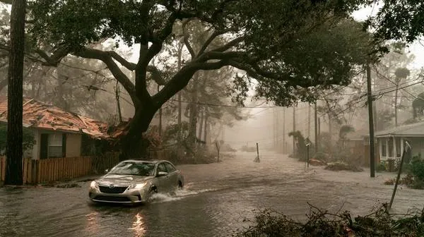 Hurricane flooding a Florida neighborhood with downed trees and power lines
