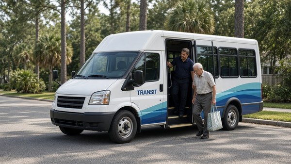 A white county transit bus at the curb with its door open and an older man with a service dog waiting to board