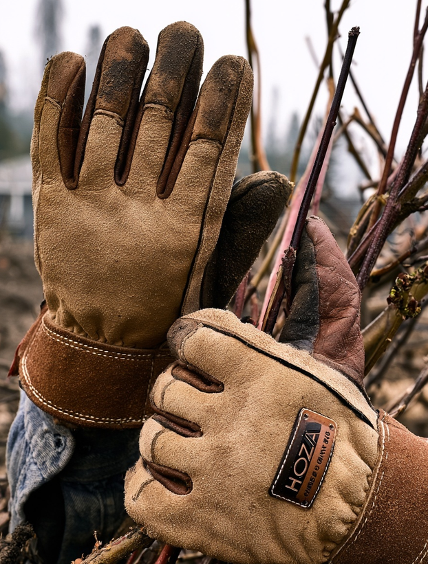Weathered hands wearing tan leather work gloves gripping brush during backyard cleanup