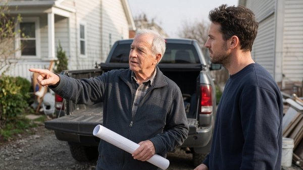 An older man on a job site holding a rolled paper drawing and pointing something out to a younger tradesman who is listening