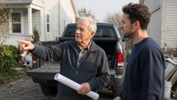 An older man on a job site holding a rolled paper drawing and pointing something out to a younger tradesman who is listening