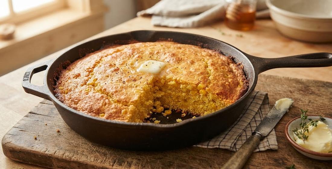 Golden cornbread in a cast iron skillet — made with bacon grease the way it has always been made