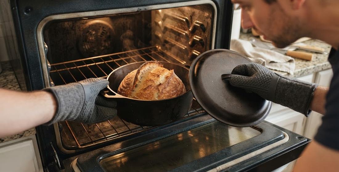 Cast iron Dutch oven — used for generations with lard-based doughs