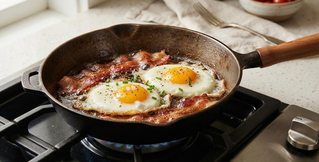 Eggs and bacon frying in a seasoned cast iron skillet — the source of liquid gold