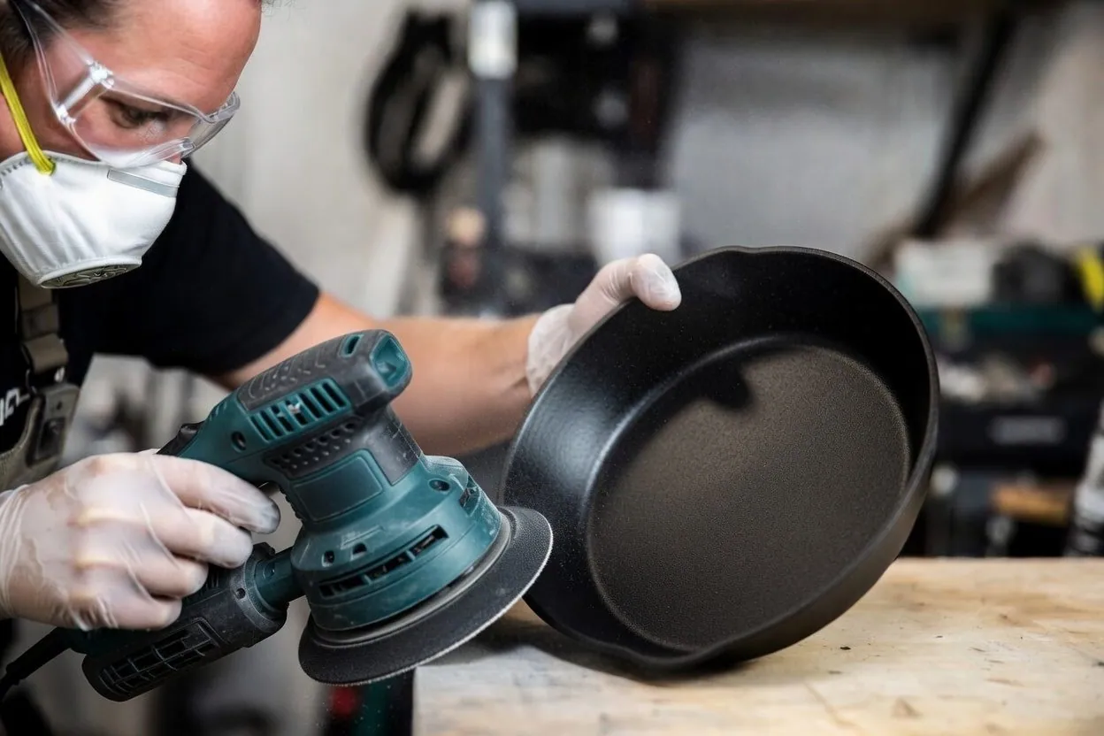 A person in safety glasses, a dust mask, and gloves smoothing the pebbly interior of a new cast iron skillet with an orbital sander at a workbench