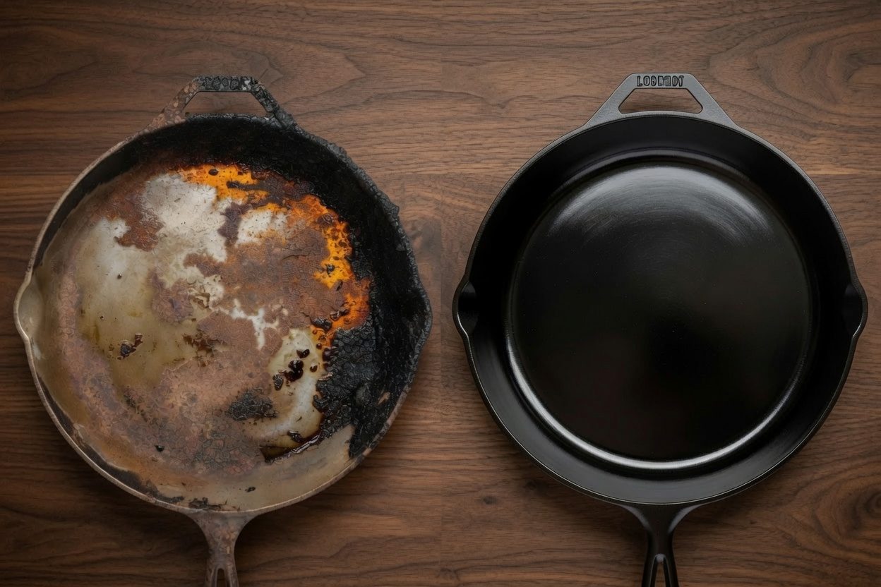 A rusty crusty cast iron skillet on the left beside the same style of pan fully restored to a smooth black finish on the right