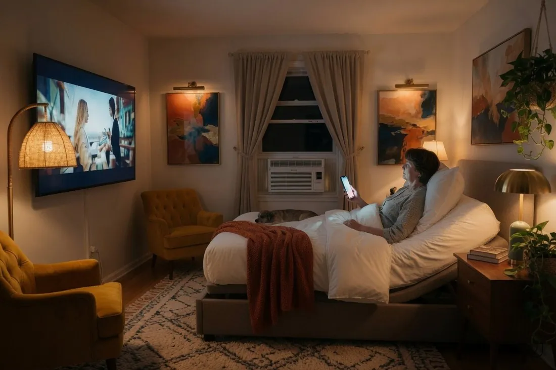 A mature woman sitting upright in an adjustable bed at night holding her phone, a movie playing on the wall-mounted television across the room, a small dog curled on the blanket and a window air conditioner installed in the bedroom window