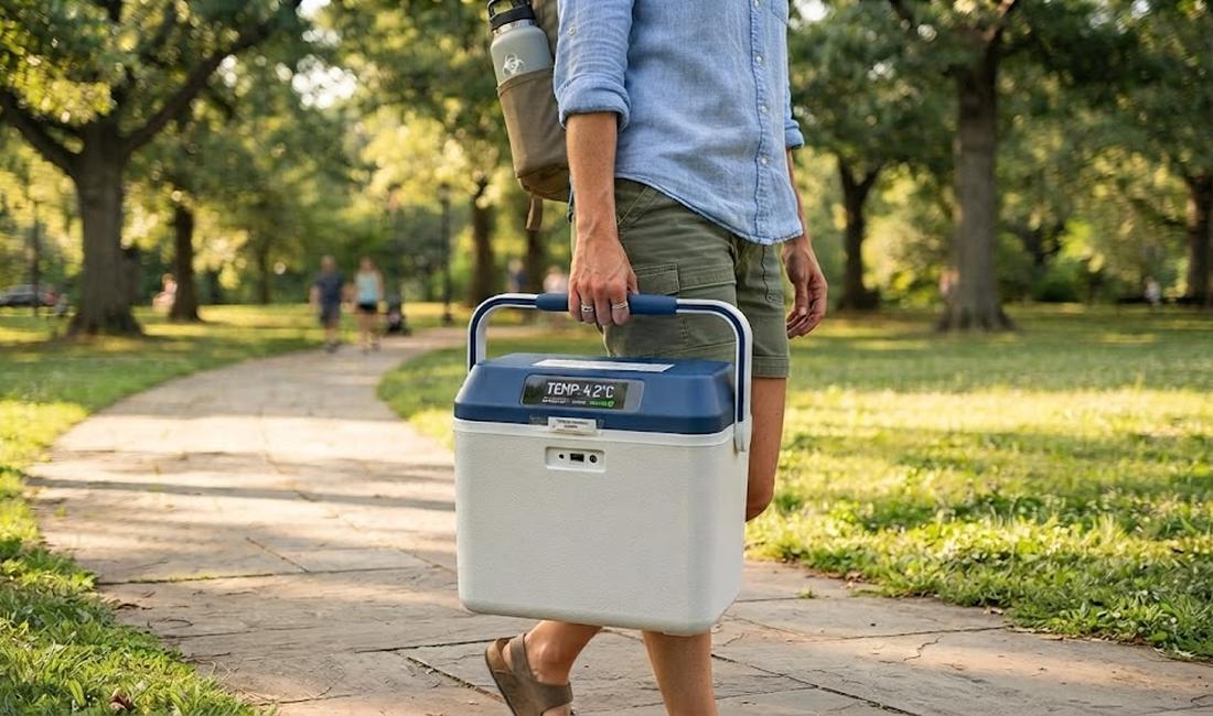 Electric compressor cooler with digital temperature display reading 4.2°C — precise refrigerator-grade temperature control without ice