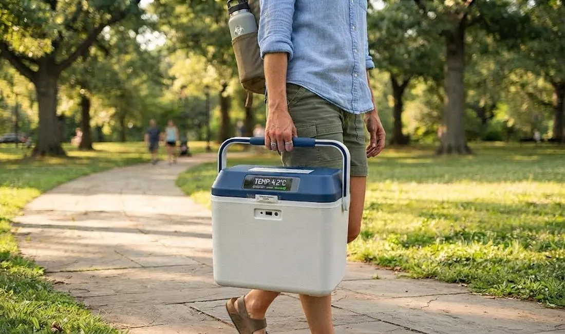 Electric compressor cooler with digital temperature display reading 4.2°C — precise refrigerator-grade temperature control without ice