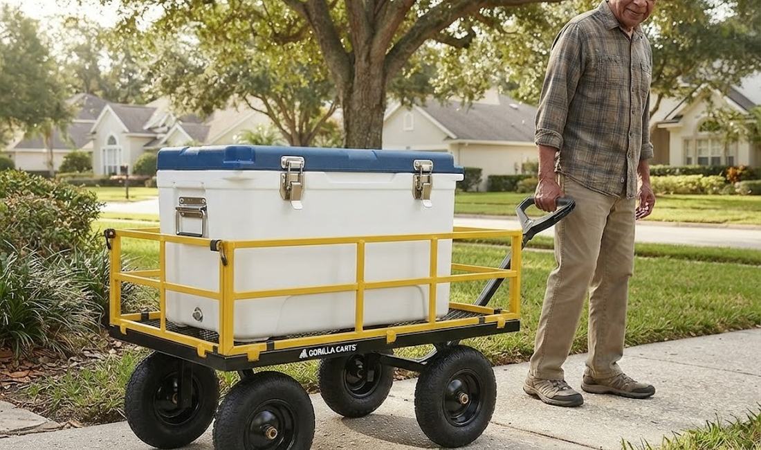 Older man pulling a large rotomolded cooler on a four-wheel utility cart down a Florida sidewalk — no lifting, no strain, rolls on any surface