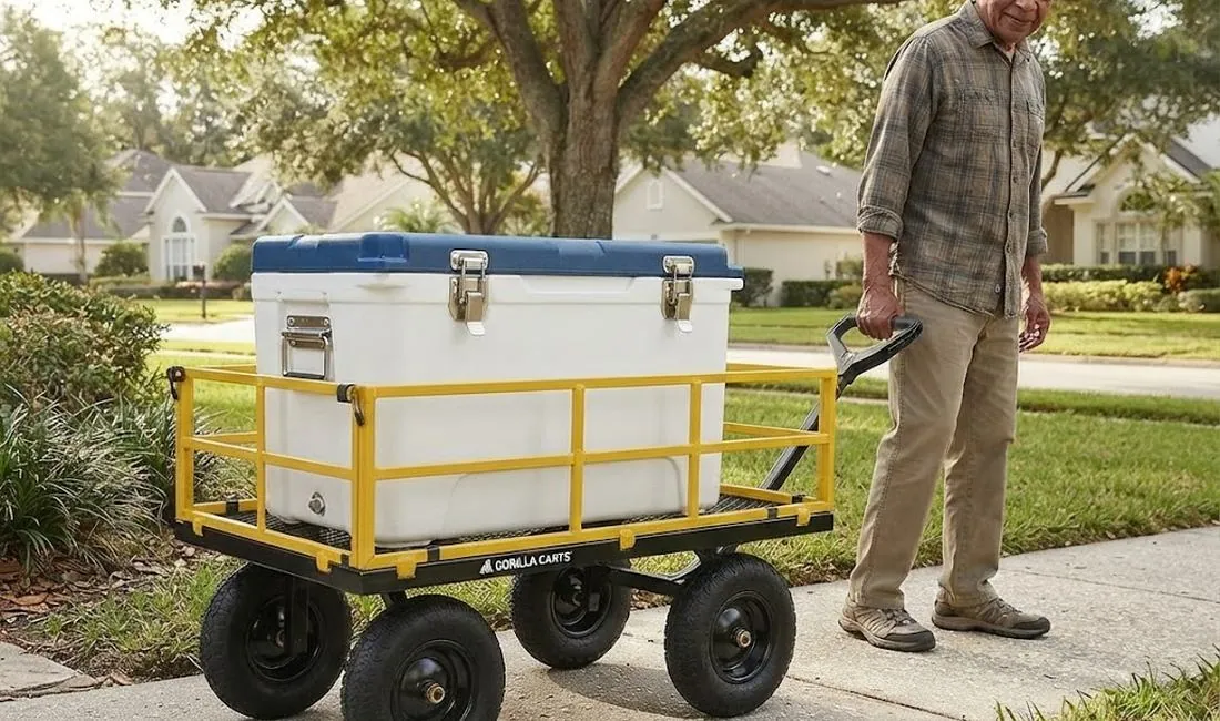 Older man pulling a large rotomolded cooler on a four-wheel utility cart down a Florida sidewalk — no lifting, no strain, rolls on any surface