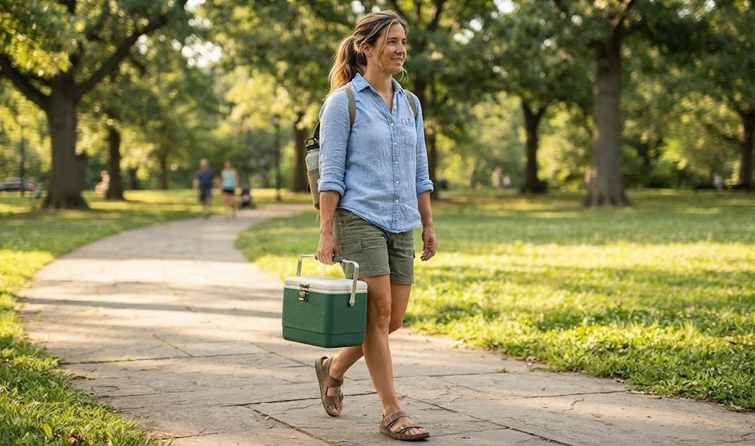 Woman carrying a small personal insulated cooler through a park — lightweight, one-hand carry, the right size for medications in transit