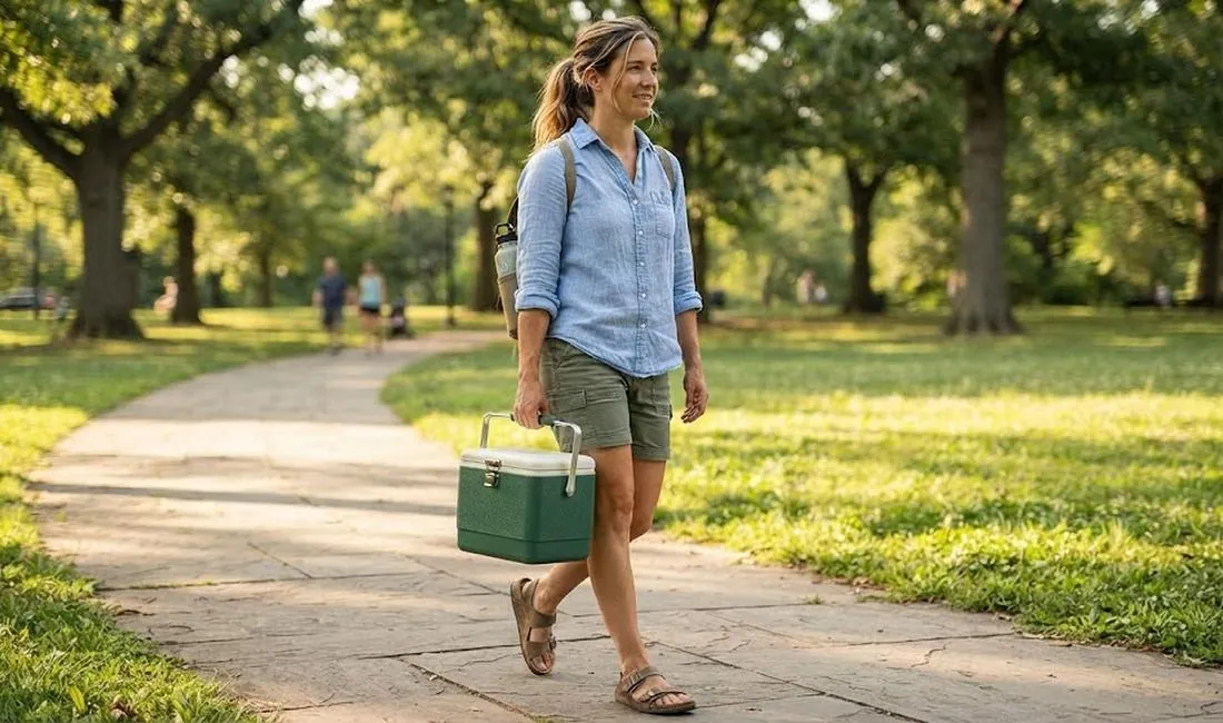 Woman carrying a small personal insulated cooler through a park — lightweight, one-hand carry, the right size for medications in transit