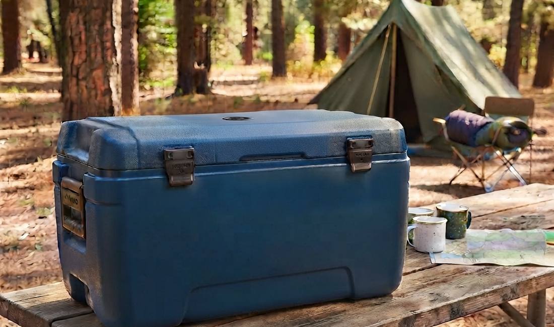 Hard-sided cooler sealed and latched on a campsite picnic table — lid locked down, ready to hold cold for days