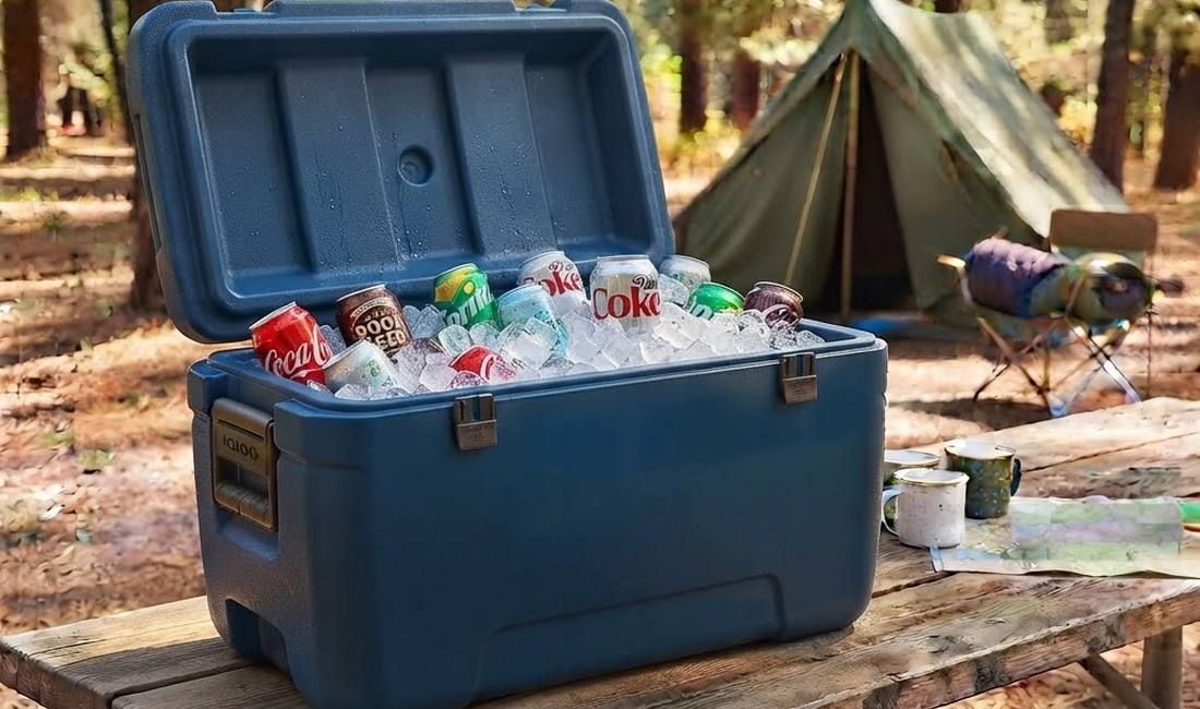 Hard-sided cooler open and packed with ice and cans at a campsite — the everyday tool that becomes critical when disaster hits