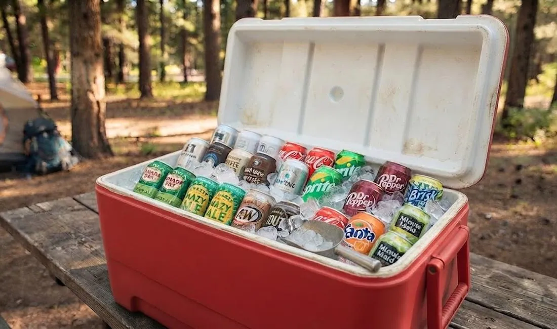 Standard hard-sided cooler open and packed with ice and cans at a campsite — the workhorse budget cooler for most households
