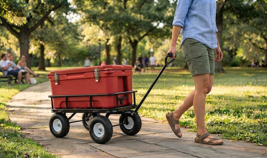 Large rotomolded cooler loaded on a four-wheel utility wagon — the same setup Frances used to evacuate everything in one trip