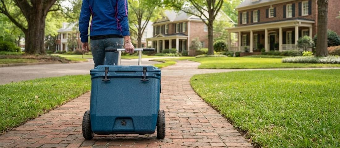 Woman rolling a large wheeled insulated cooler down a brick sidewalk through a residential neighborhood during a power outage