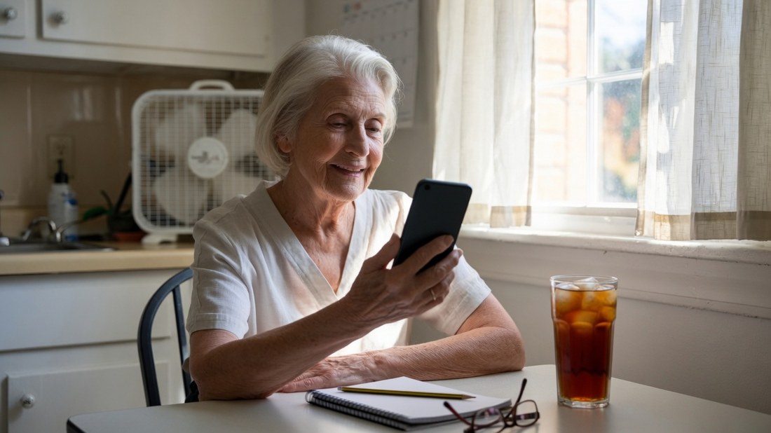 A silver-haired woman at a tidy kitchen table in bright morning light, smiling as she makes a phone call, a notepad and reading glasses in front of her and a box fan on the counter behind