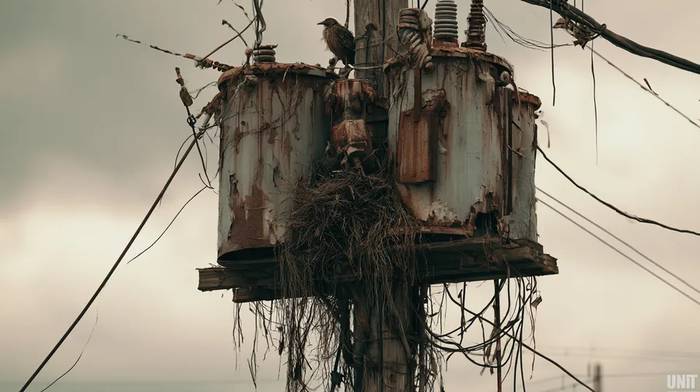 Severely corroded electrical transformers on a utility pole with peeling paint, rust streaks, and a bird nest — deferred maintenance on aging infrastructure like this is a leading cause of preventable power outages