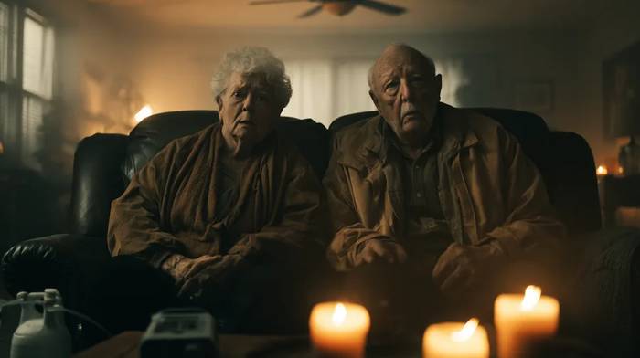 Elderly couple sitting in armchairs in a dim candlelit living room during a power outage with an oxygen concentrator on the floor between them — the medical equipment that stops working when the grid goes down