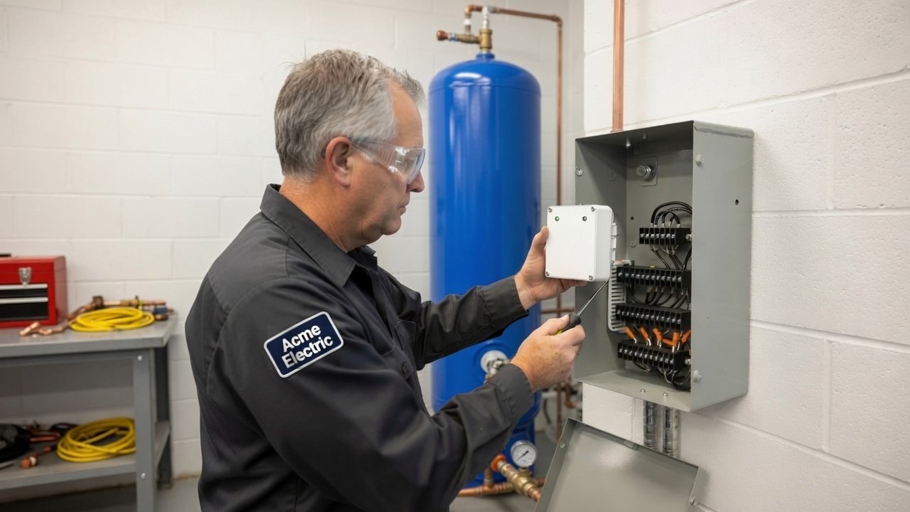 A gray-haired electrician in safety glasses mounting a small white pump protection device beside an open control box near a blue well pressure tank, holding the device in one hand and a screwdriver in the other