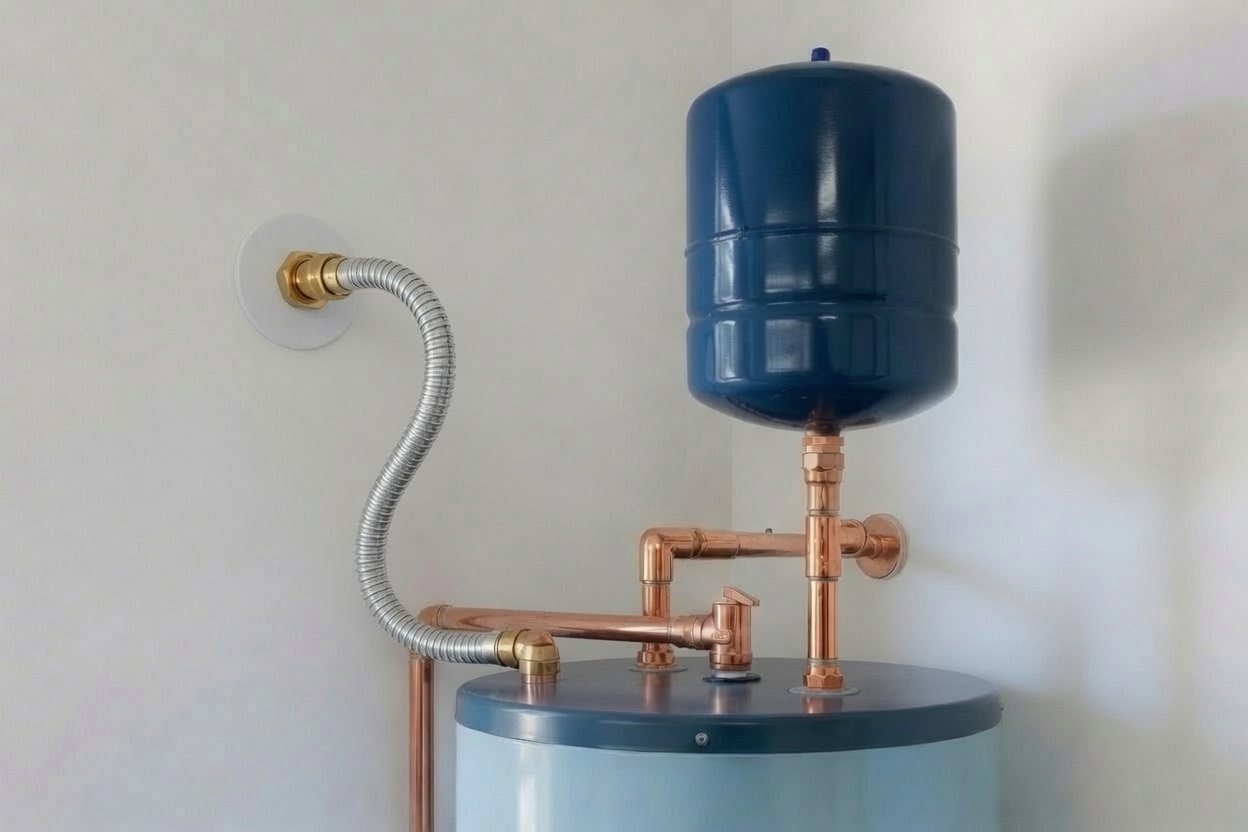 A residential electric water heater with a small dark-blue thermal expansion tank mounted on the copper piping above it and a flexible stainless supply line running to the wall