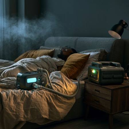 CPAP machine connected to battery backup on nightstand