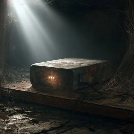 Dusty forgotten battery bank on garage shelf with cobwebs and dead indicator light