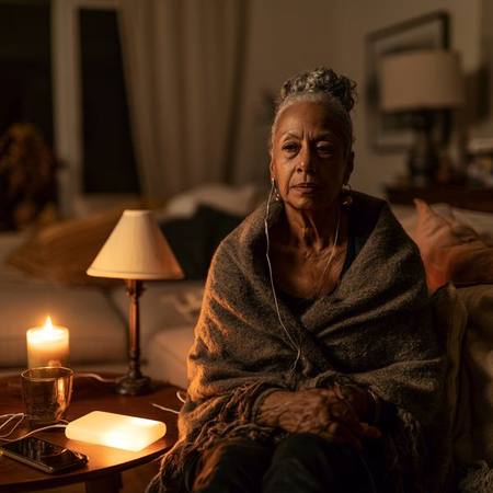 Senior woman during a power outage at home