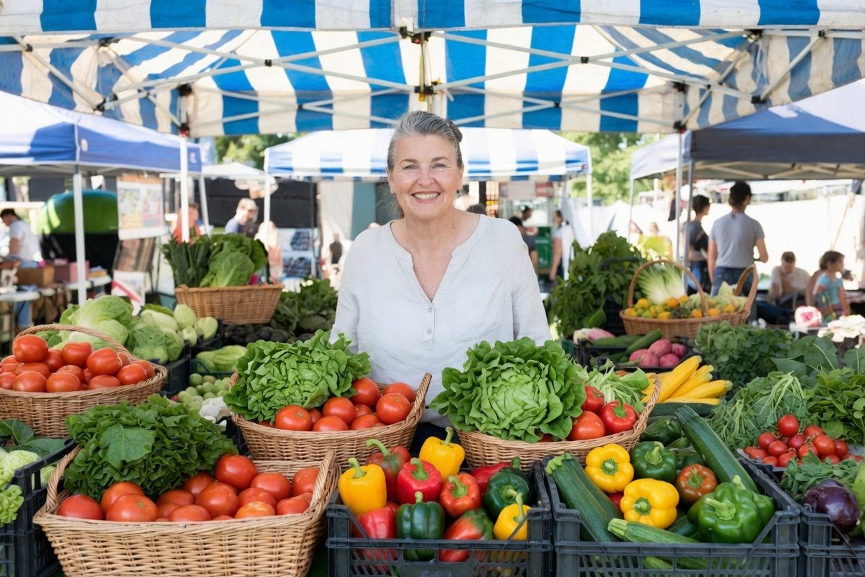 A smiling woman standing behind a farmers-market stall piled with baskets of tomatoes, lettuce, peppers, and squash under a striped canopy