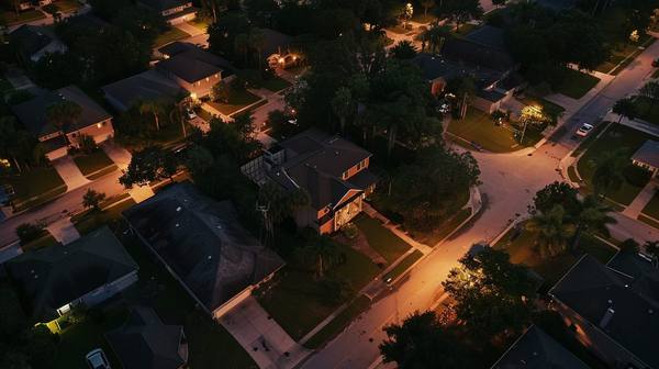 Aerial view of Florida suburban neighborhood at night with warm streetlights and palm trees — the residential communities most vulnerable to utility political failures and deferred maintenance outages