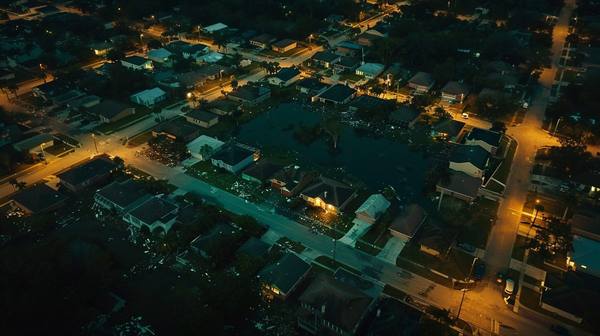 Aerial view of Florida suburban neighborhood at night after hurricane with flooding and debris — one house fully lit while surrounding homes are dark, showing the difference a standby generator makes