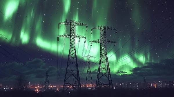 Massive aurora borealiz filling the night sky over a blacked-out city skyline — geomagnetic storms from solar coronal mass ejections can collapse regional power grids in 90 seconds with only minutes of warning