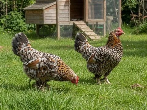 Two speckled bantam hens foraging on a lawn in front of a small backyard coop