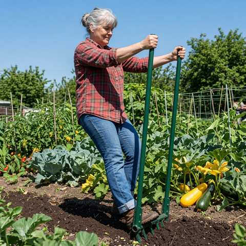 A senior woman in a red plaid shirt pulling back on a broadfork's two long handles to lift and crack open her garden soil without turning it over