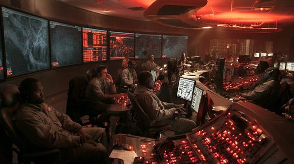 Power grid emergency control room at night with operators at consoles and red warning lights — when SCADA alarm systems fail, grid operators lose visibility of developing problems until cascading failures have already begun