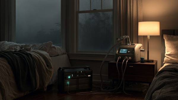 CPAP machine on nightstand connected to portable battery backup during a storm — seniors on powered medical equipment have no warning before a cyberattack cuts power