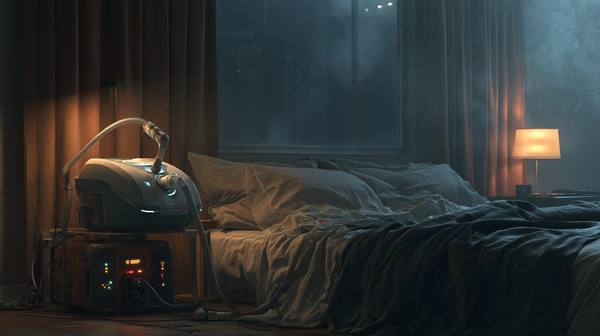 CPAP machine on bedroom nightstand connected to portable battery backup glowing green — medical equipment dependent on continuous power has no protection when grid control systems fail