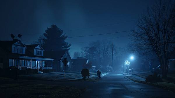 Dark residential street at night in winter with one house lit and a satellite dish visible on the roof — the neighborhood that loses power in a grid control failure looks exactly like this