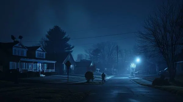 Dark residential street at night in winter with one house lit and a satellite dish visible on the roof — the neighborhood that loses power in a grid control failure looks exactly like this