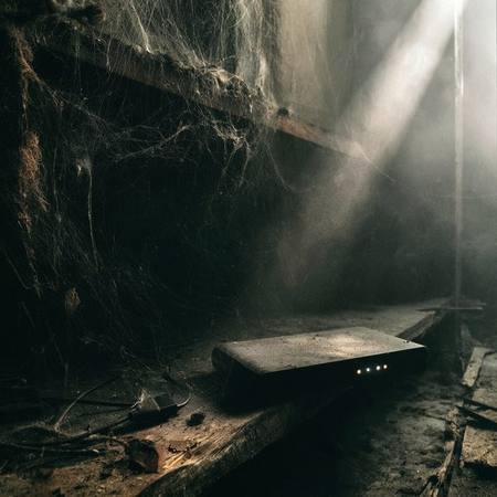 Dusty forgotten portable battery bank sitting uncharged in a dark storage space — emergency backup power that has never been tested or maintained offers no protection
