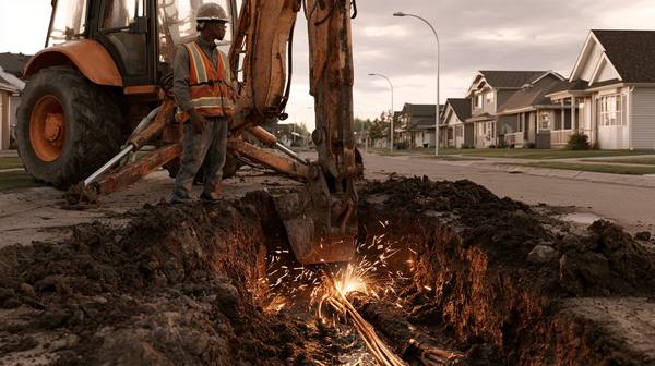 Utility worker in hard hat and orange vest watching excavator bucket strike an underground power cable in a residential street trench, sparks flying — a contractor who did not call 811 before digging just cut power to thousands of homes