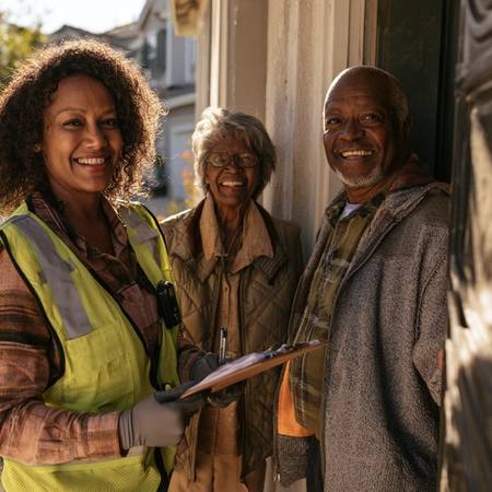 Community assistance worker with clipboard meeting with senior couple at their front door after a power outage — post-disaster support and welfare checks for older adults
