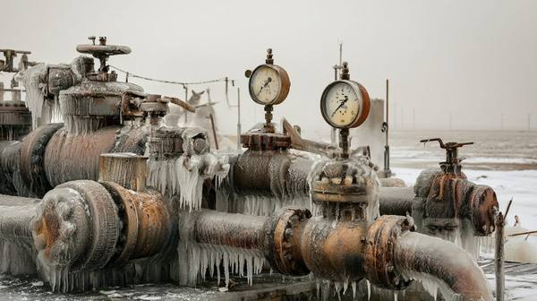 Natural gas pipeline equipment completely encased in thick ice, frozen pressure gauges and valves in a flat winter landscape — when wellheads and pipelines freeze, gas-fired power plants lose their fuel supply and go offline within hours