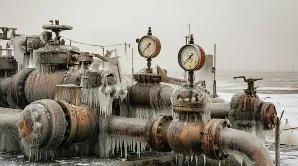 Natural gas pipeline equipment completely encased in thick ice, frozen pressure gauges and valves in a flat winter landscape — when wellheads and pipelines freeze, gas-fired power plants lose their fuel supply and go offline within hours