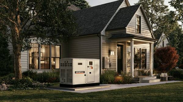 Whole-home standby generator beside cottage home in autumn — Tennessee tornado neighbor story