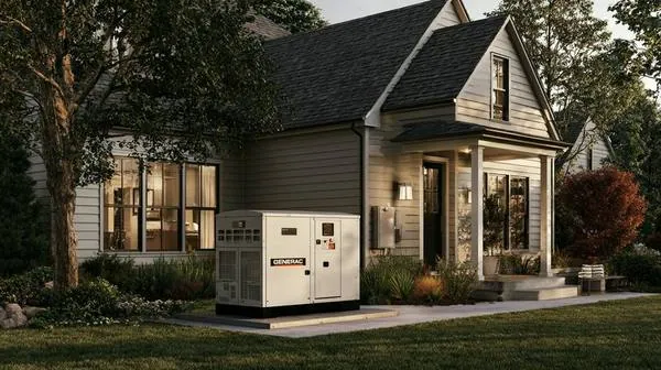 Generac whole-home standby generator installed beside a cottage-style home in autumn — the neighbor nobody knew had a generator, a nurse wife, and enough stored food to feed eight people